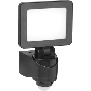 Schwarzer LED-Außenstrahler mit Sensor, flaches Design. Ideal zur Ausleuchtung von Gärten.
