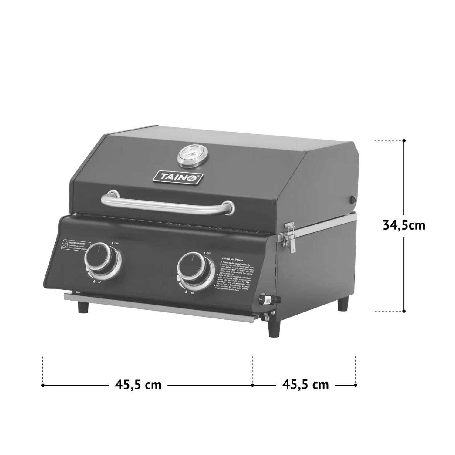 Taino Platinum Compact Dark Gasgrill Set mit 2 Brennern, Haube und Regler für Camping & BBQ.