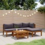 5-teiliges Garten Lounge Set aus Akazienholz mit dunkelgrauen Auflagen. Ideal für Garten und Terrasse.
