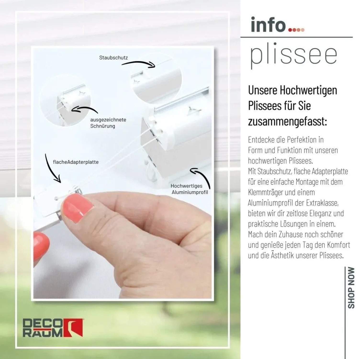 Weißes Deco-Raum Plissee Basic Klemmfix Detail: verstellbare Klemmträger, Schnürung, Aluminiumprofil für bohrfreie Montage.