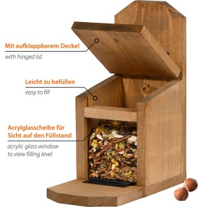 Braune Eichhörnchen Futterstation aus Holz mit offenem Deckel, Acrylglasfenster und Futter. Ideal für den Garten.