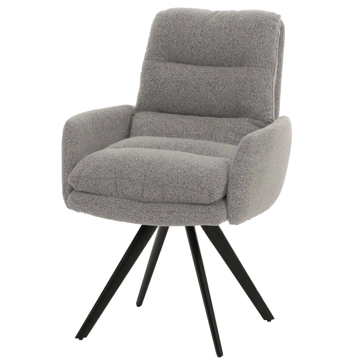 6er-Set: Hellgrauer Esszimmerstuhl mit Armlehne, Bouclé-Bezug und schwarzem Drehfuß.