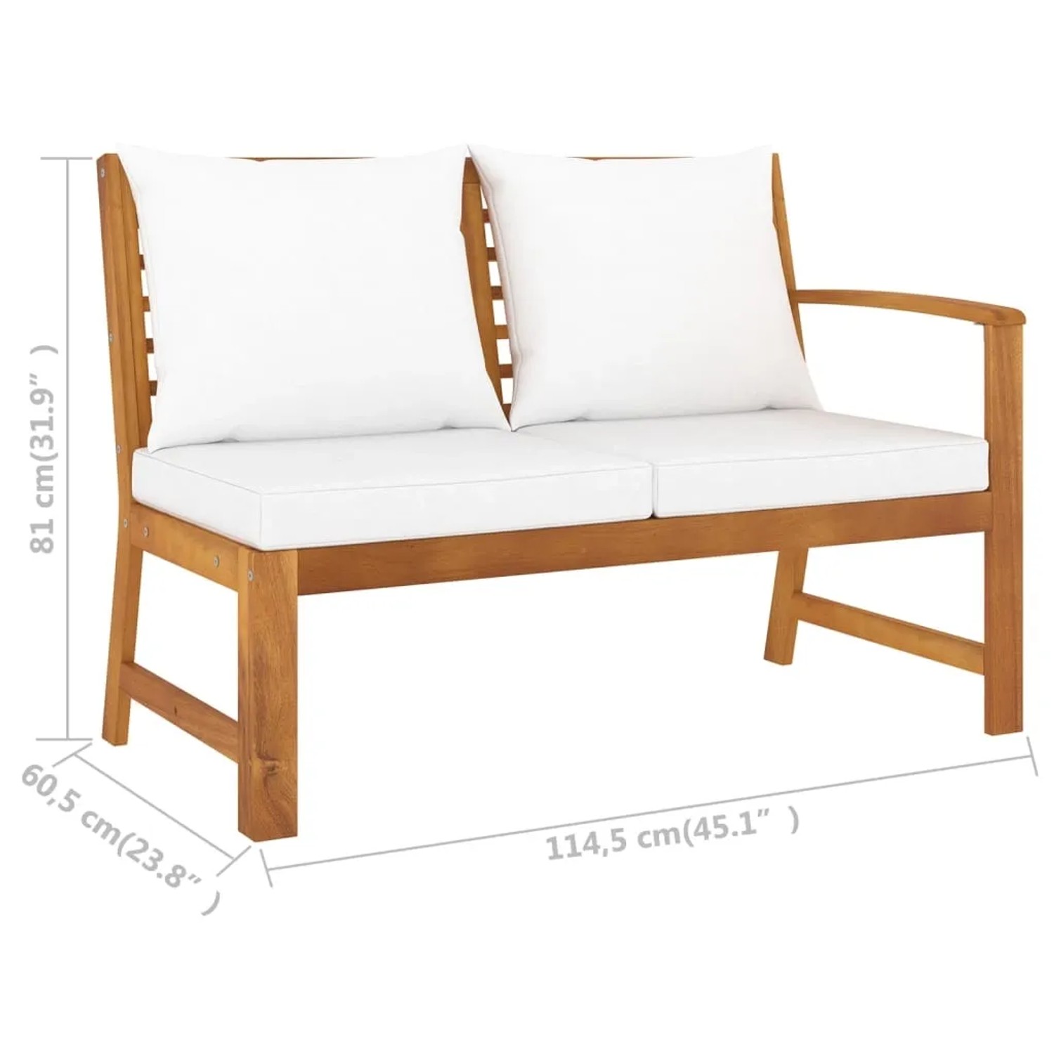 Gartenbank aus Akazienholz mit cremefarbenen Auflagen, Teil des vidaXL Lounge-Sets.