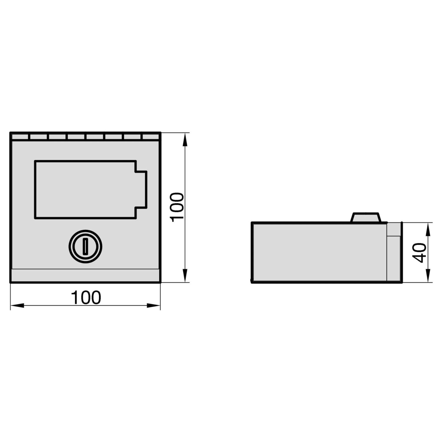 Skizze des roten Basi Notschlüsselkastens NK 215 mit Maßen 100x100x40mm.