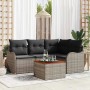 Graues 5-teiliges vidaXL Garten-Sofa-Set aus Poly Rattan mit Tisch und grauen Kissen.