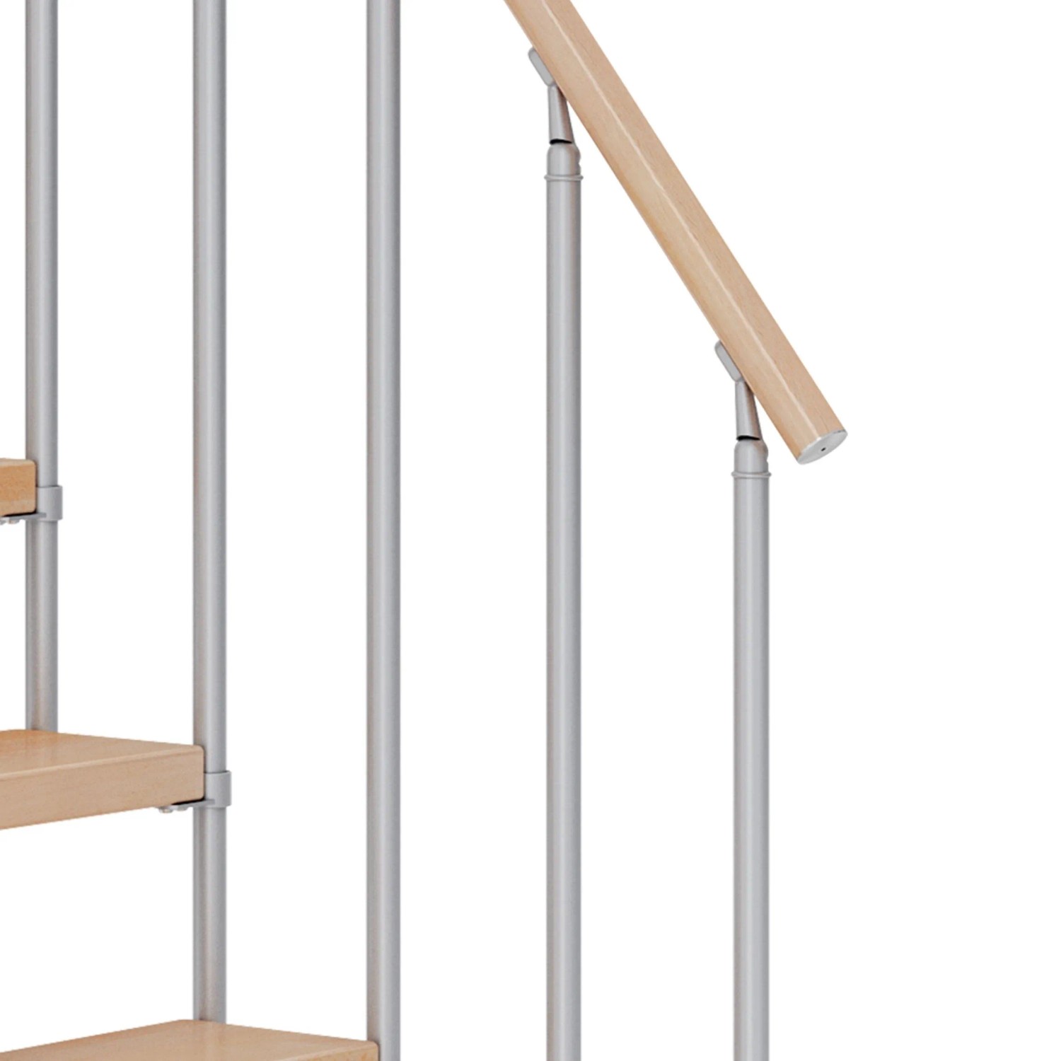 Detailansicht Dolle Mittelholmtreppe Dublin Buche/Perlgrau mit Holzhandlauf und Metallgeländer.