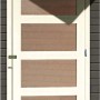 Tür des Karibu Holz-Gartenhauses Linköbing, terragrau lackiert, mit vier Füllungen.