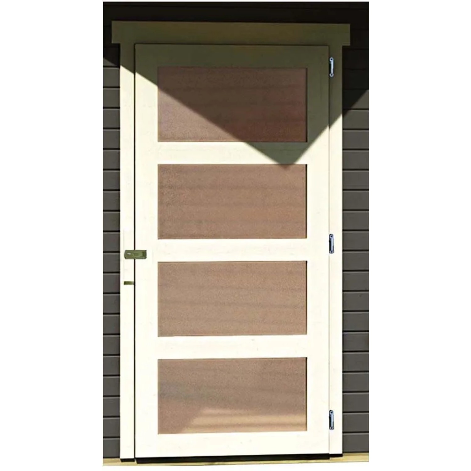 Tür des Karibu Holz-Gartenhauses Linköbing, terragrau lackiert, mit vier Füllungen.