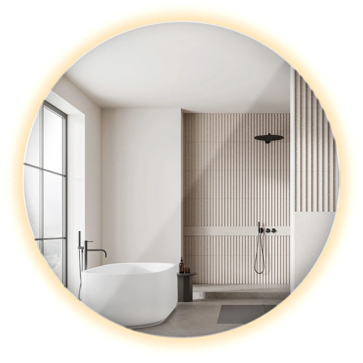 Wallfluent Beleuchteter LED Spiegel 90x90 cm In Runder Form Mit Warmweiß 3000K Für Bad Schlafzimmer Und Wohnzimmer