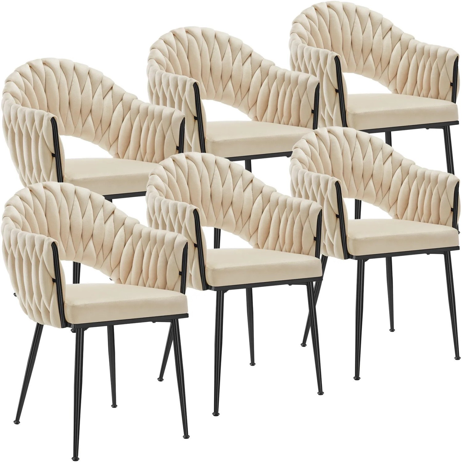 Tectake Esszimmerstuhl Caslano Gepolstert  Mit Samtbezug Durchgehende Lehne Im Flechtdesign 6Er Set 57 x 55 x 84 cm Sandfarben Schwarz