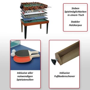 MCW Tischkicker M33 7in1 Spieletisch in Explosionsansicht, zeigt Holzkorpus, 7 Spielebenen und Zubehör wie Schläger, Bälle.