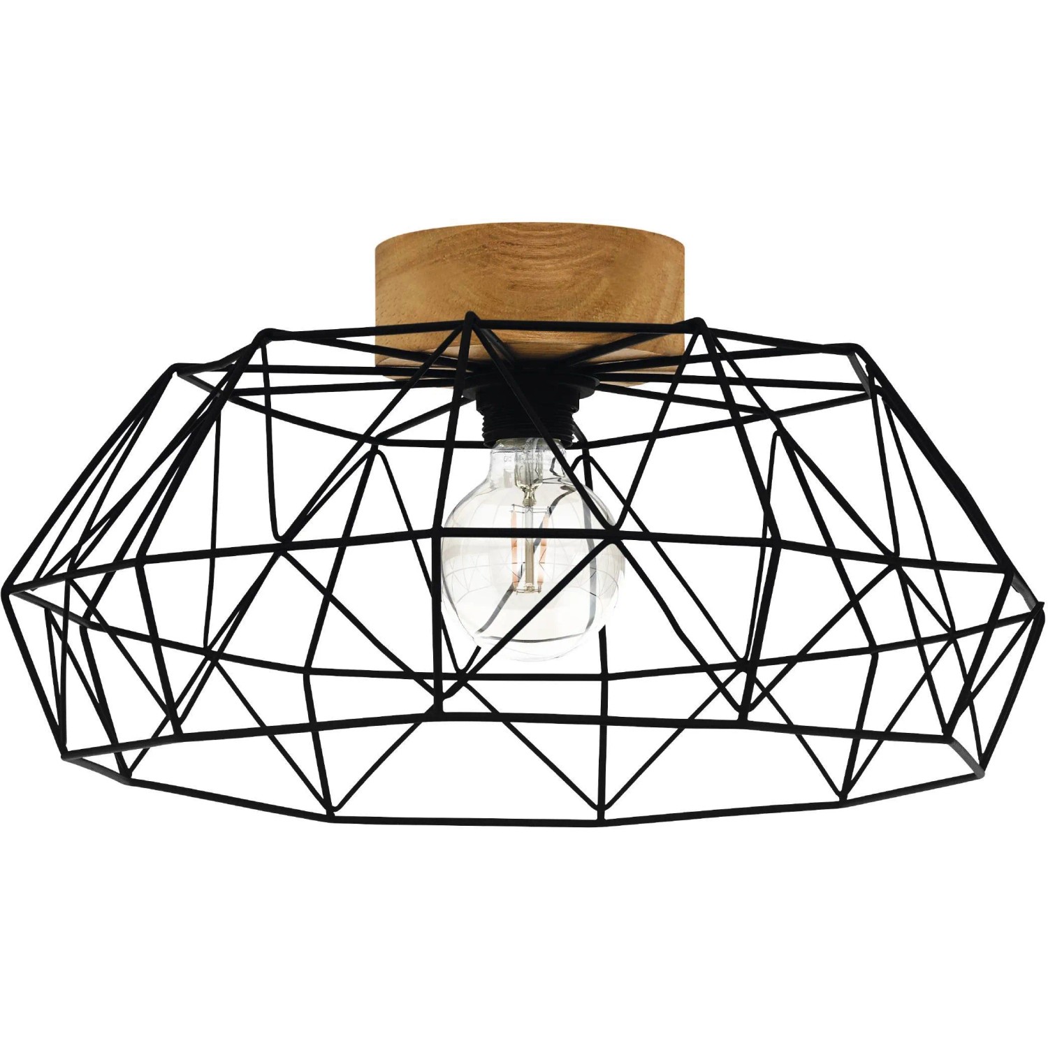 Schwarze Eglo Deckenleuchte Padstow mit Holzbaldachin und geometrischem Draht-Lampenschirm.