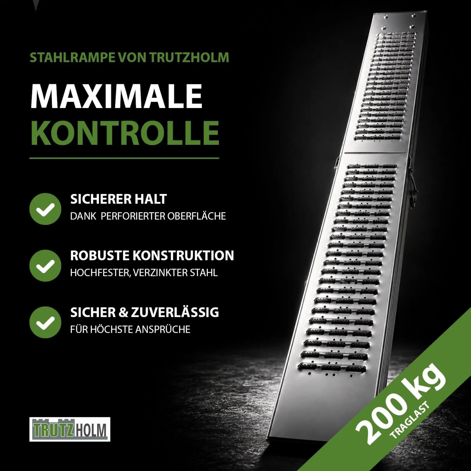 TRUTZHOLM Stahl Auffahrrampe, klappbar, geriffelt, grau, für sicheres Verladen von Fahrzeugen. Traglast 200 kg.