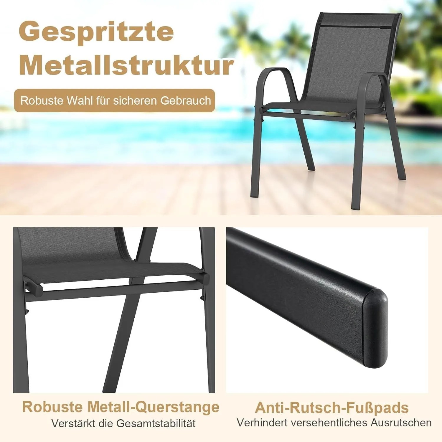 Costway Gartenstuhl 4er Set, stapelbar, Textilene, Metallgestell, schwarz.