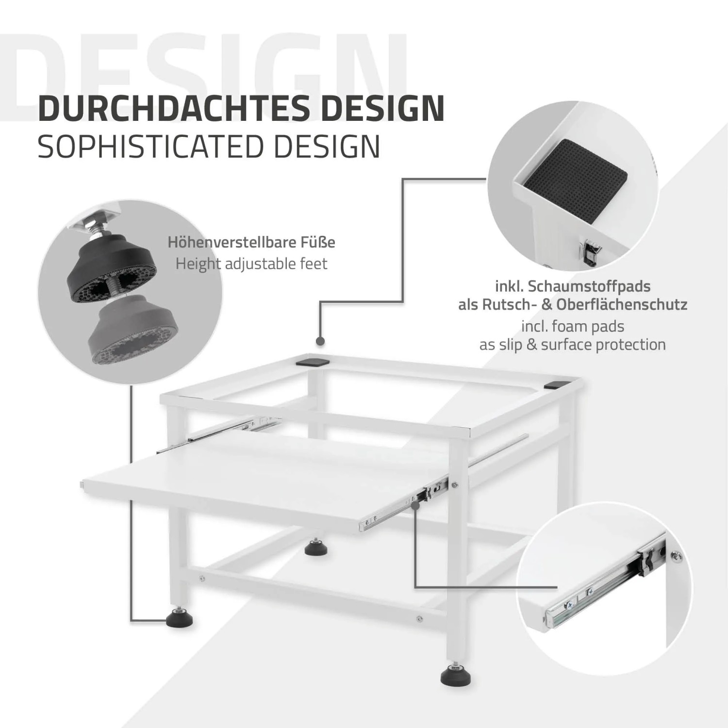 Weißes ML-Design Waschmaschinen-Untergestell aus Stahl mit ausziehbarer Ablage, höhenverstellbaren Füßen und Dämpfungspads.