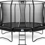 Schwarzes Salta Trampolin First Class (ø 305 cm) mit Sicherheitsnetz und Leiter.