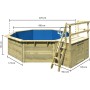 Karibu Holzpool Set mit Sonnenterrasse, Leiter und Filteranlage. Detailansicht mit Maßen.
