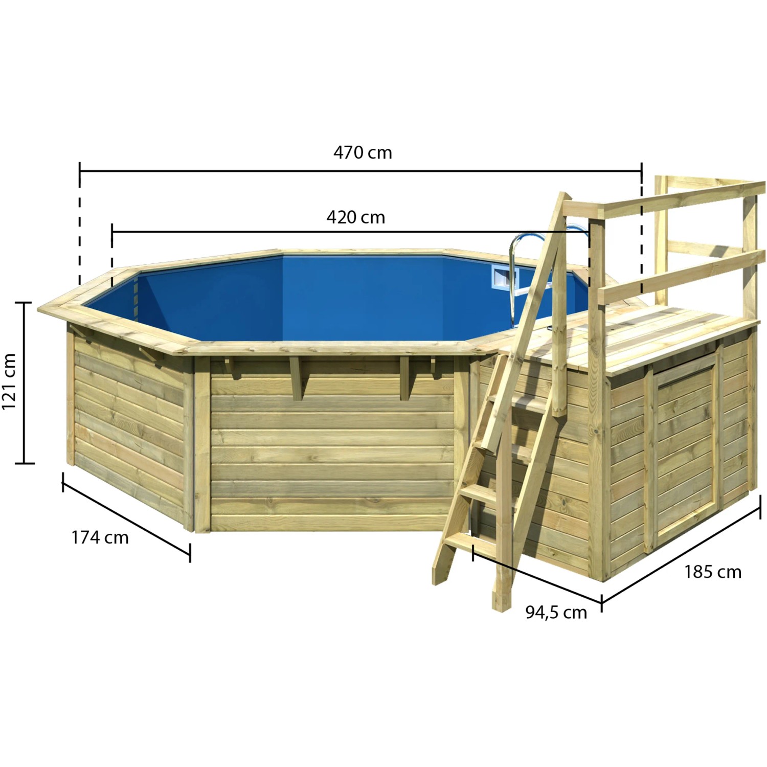 Karibu Holzpool Set mit Sonnenterrasse, Leiter und Filteranlage. Detailansicht mit Maßen.