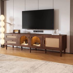 okwish TV Schrank mit Rattan Schubladen Glastüren LED 180x40x50cm Braun