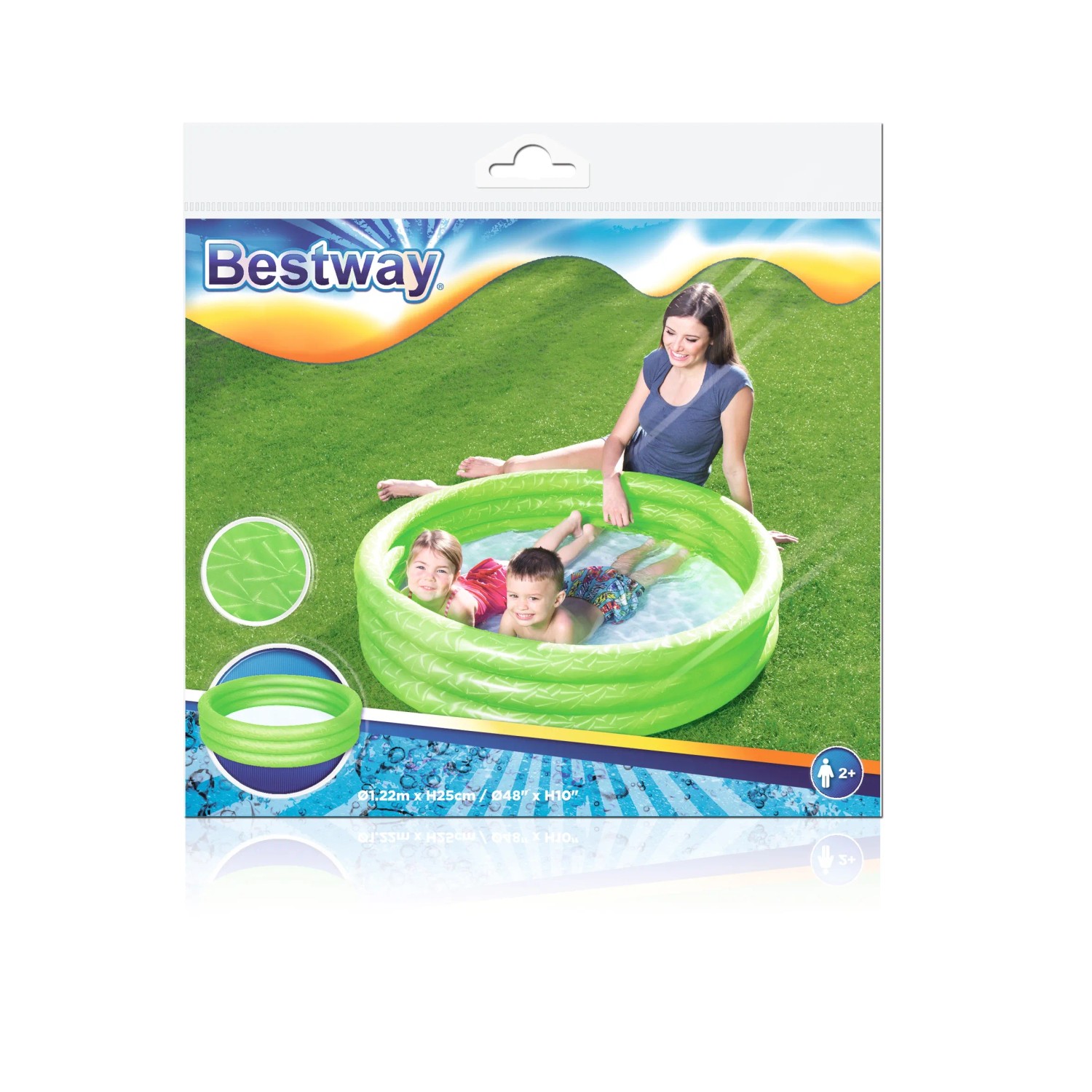 Bestway Planschbecken Ø 122 cm, grünes Becken mit Kindern im Garten.
