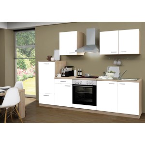 Menke Küchenzeile Classic 270 cm, weiß/Sonoma Eiche, mit E-Geräten. Einbauküche mit Herd, Dunstabzug und Kühlschrank.