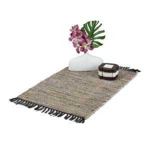 Relaxdays Flickenteppich Baumwolle Leder Grau Rutschfest 60 cm x 110 cm 1 kg