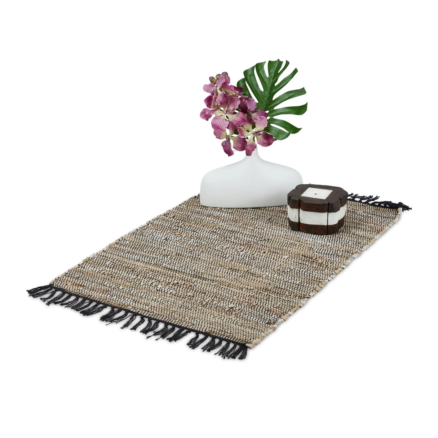 Relaxdays Flickenteppich Baumwolle Leder Grau Rutschfest 60 cm x 110 cm 1 kg