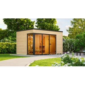 Modernes Weka Design Saunahaus Cubilis mit Glasfront und 9 kW Ofen im Garten.