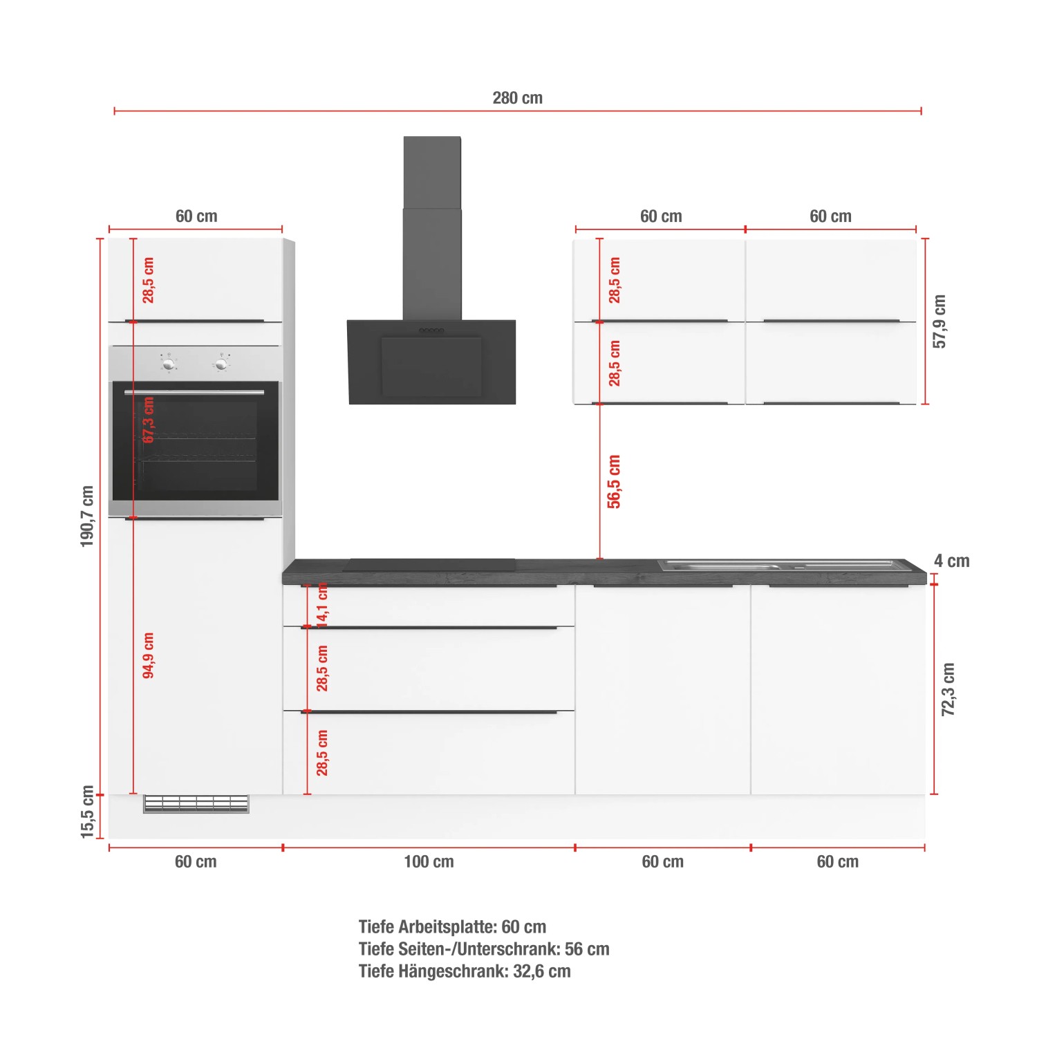 Impuls Küchenzeile IBZ4280S6, 280 cm, Weiß, ohne E-Geräte. Einbauküche mit weißen Fronten und Oregon Eiche Arbeitsplatte.