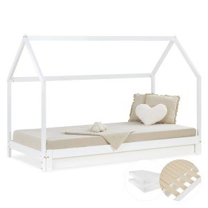 Homestyle4u Hausbett 90x200 mit 2 Matratzen Ausziehbar in Weiß 2719