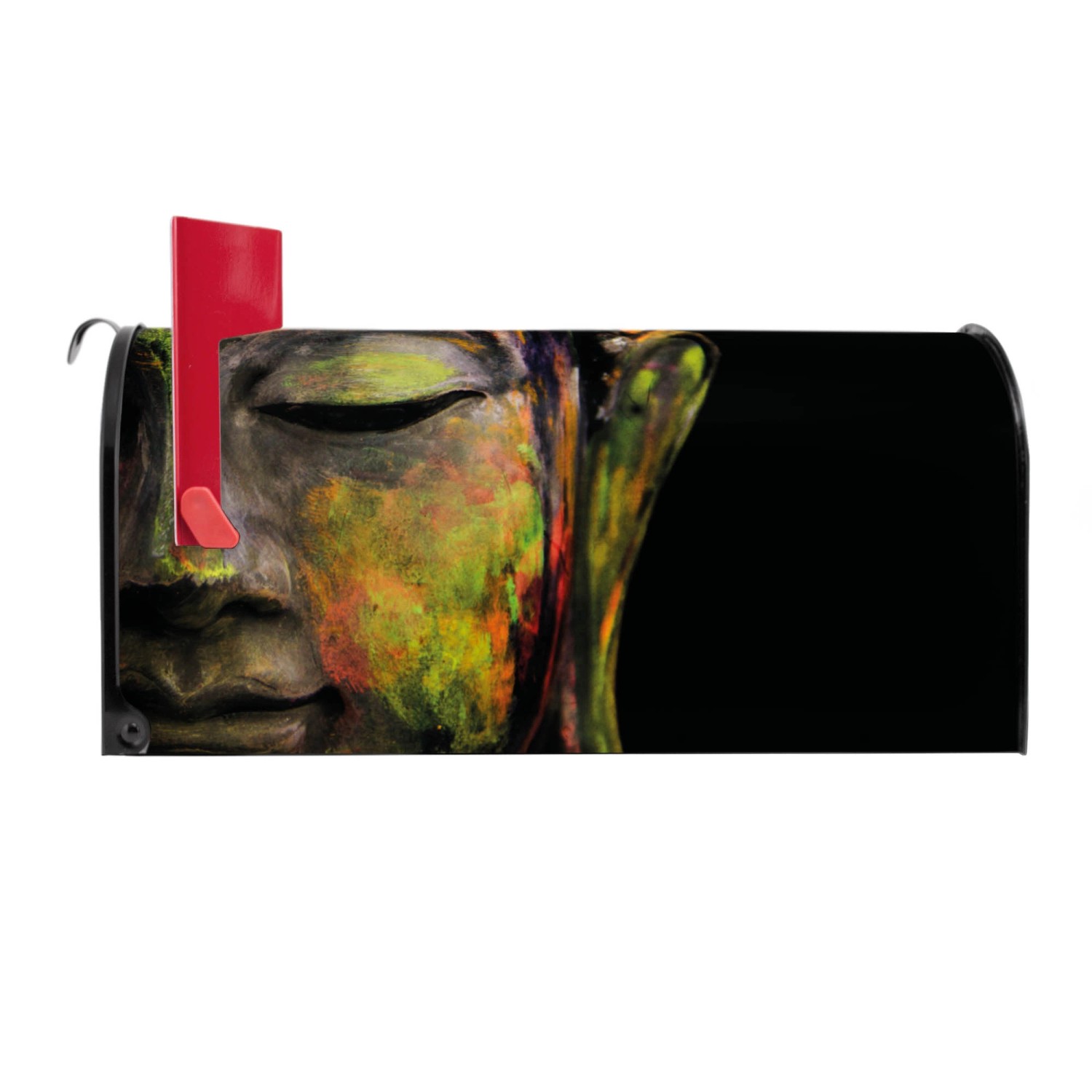 Schwarzer Banjado US Briefkasten mit buntem Buddha Motiv und roter Fahne.