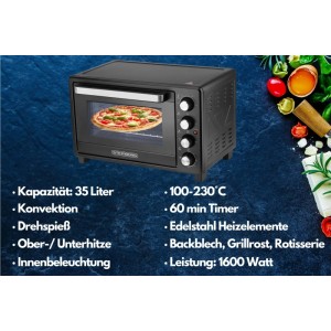 Schwarzer Steinborg Mini-Backofen mit Umluft, 35 Liter Garraum und Pizza im Innenraum.