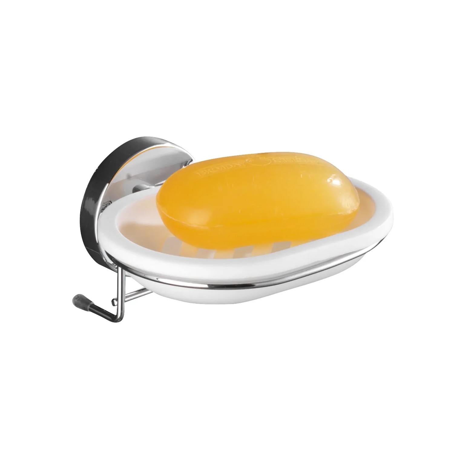 Wenko Vacuum-Loc Seifenablage Milazzo, chrom/weiß mit gelber Seife. Wandmontage, Badaccessoire.