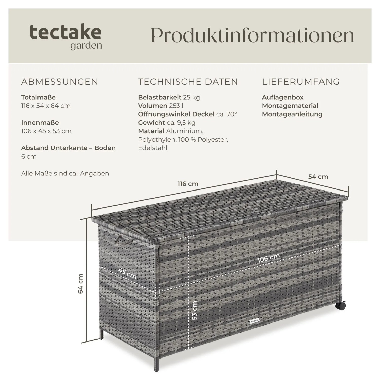 Tectake Auflagenbox Kuusamo, 253 L, Rattangeflecht, mit Rollen und Griff, Maße: 116x54x64 cm.