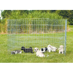 Verzinkter Trixie Welpenfreilauf (ø 154 cm) mit Welpen im Garten.