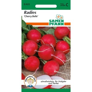 Samenpackung Radieschen 'Cherry Belle': Scharlachrote, runde Radieschen mit Grün.
