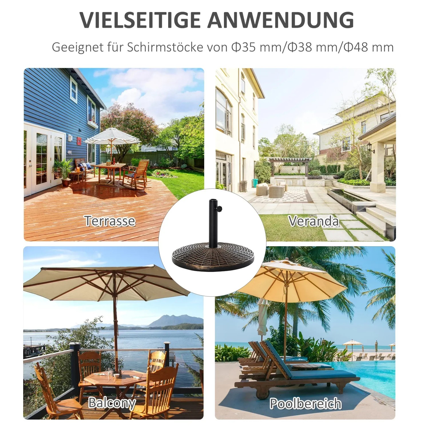 Outsunny Schirmständer Bronze, vielseitig einsetzbar für Terrasse, Balkon und Poolbereich.