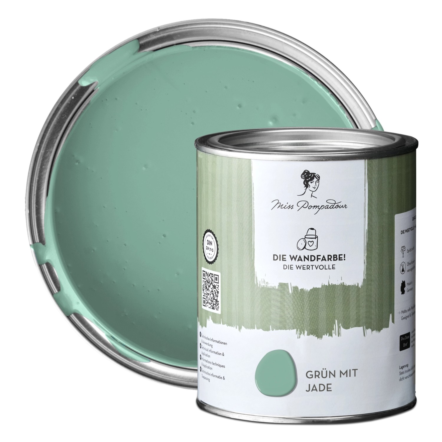 MissPompadour Extramatte Wandfarbe Grün mit Jade 1L Hochdeckend Spritzfrei