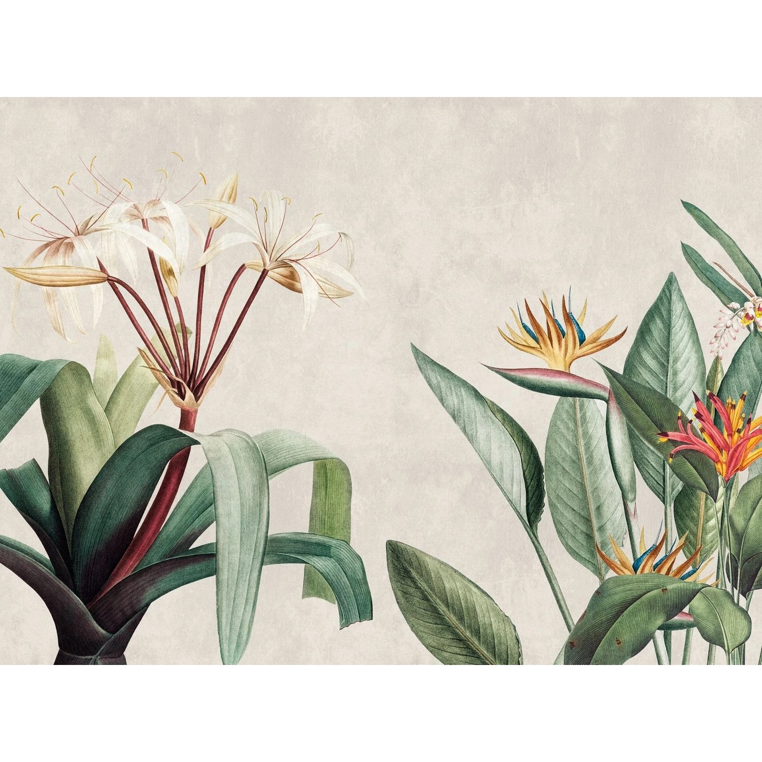 Fototapete Blumen in Creme, Grau, Grün und Gelb. Florales Muster für Wohnräume.