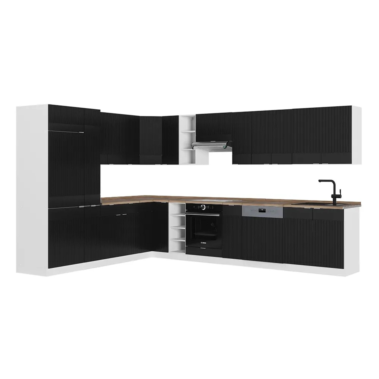 Vicco Fame-Line Eckküche Schwarz gestreift/Weiß 347 x 257 cm AP Eiche ohne E-Geräte