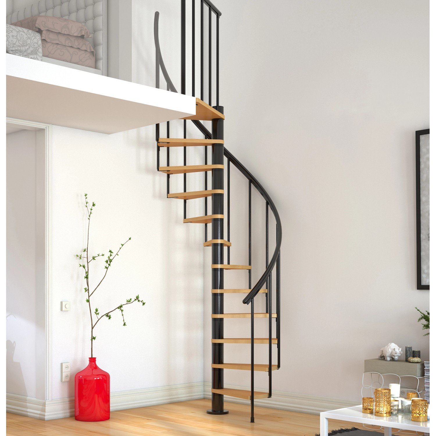 Dolle Spindeltreppe Calgary, Ø 120 cm, anthrazitfarbene Metallelemente und 11 Holzstufen.