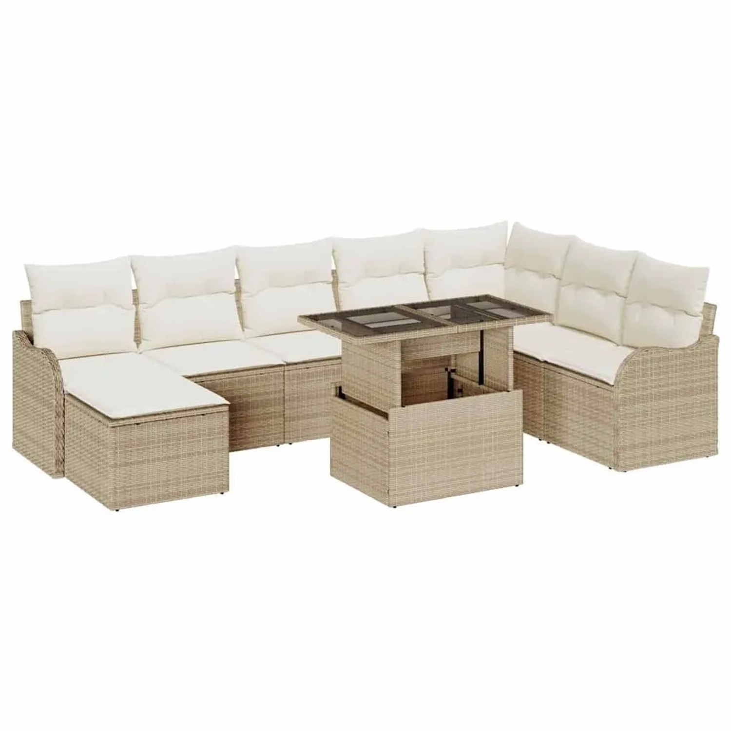 vidaXL Garten-Sofa-Set mit Kissen mit Speicher 9-Tlg Beige Poly Rattan 3357254