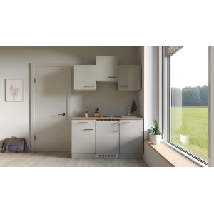 Flex-Well Singleküche Lund, 150 cm, Lichtgrau/Rauchgrau, mit Kochfeld und Kühlschrank. Ideal für kleine Räume.