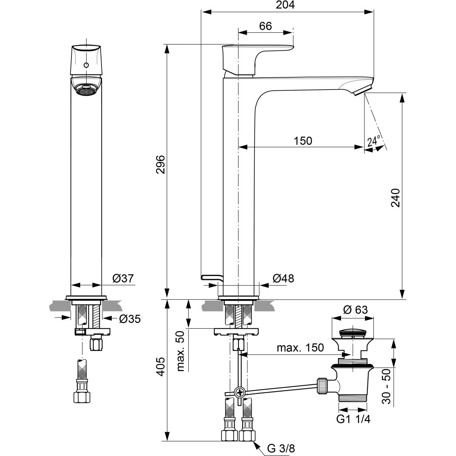 Skizze: Ideal Standard Connect Air Waschtischarmatur, verlängerter Sockel, Magnetic Grey, mit Maßangaben.