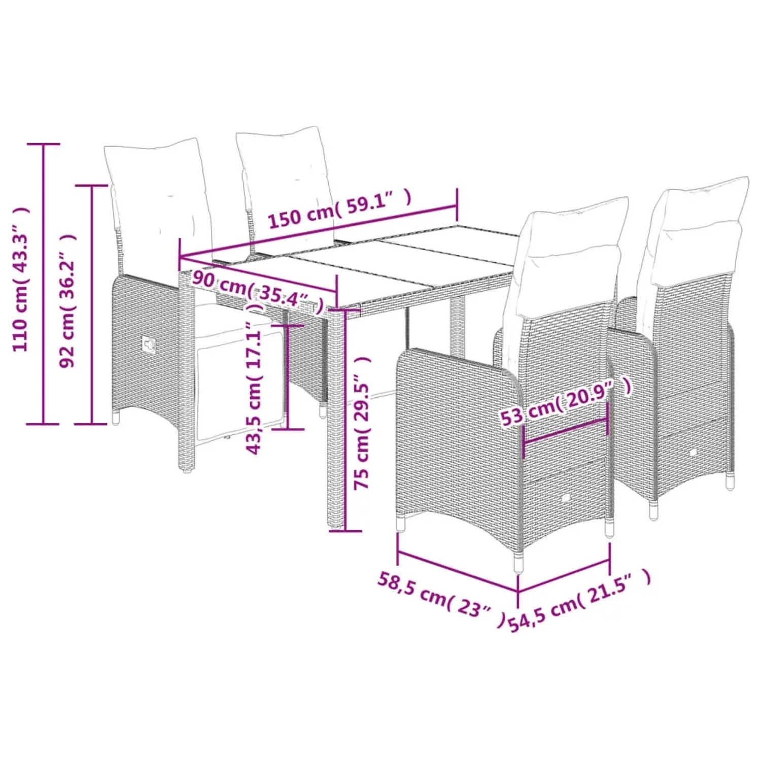 vidaXL Garten-Bistro-Set braun, 5-teilig mit Tisch, Stühlen und Kissen. Abmessungen sind eingezeichnet.