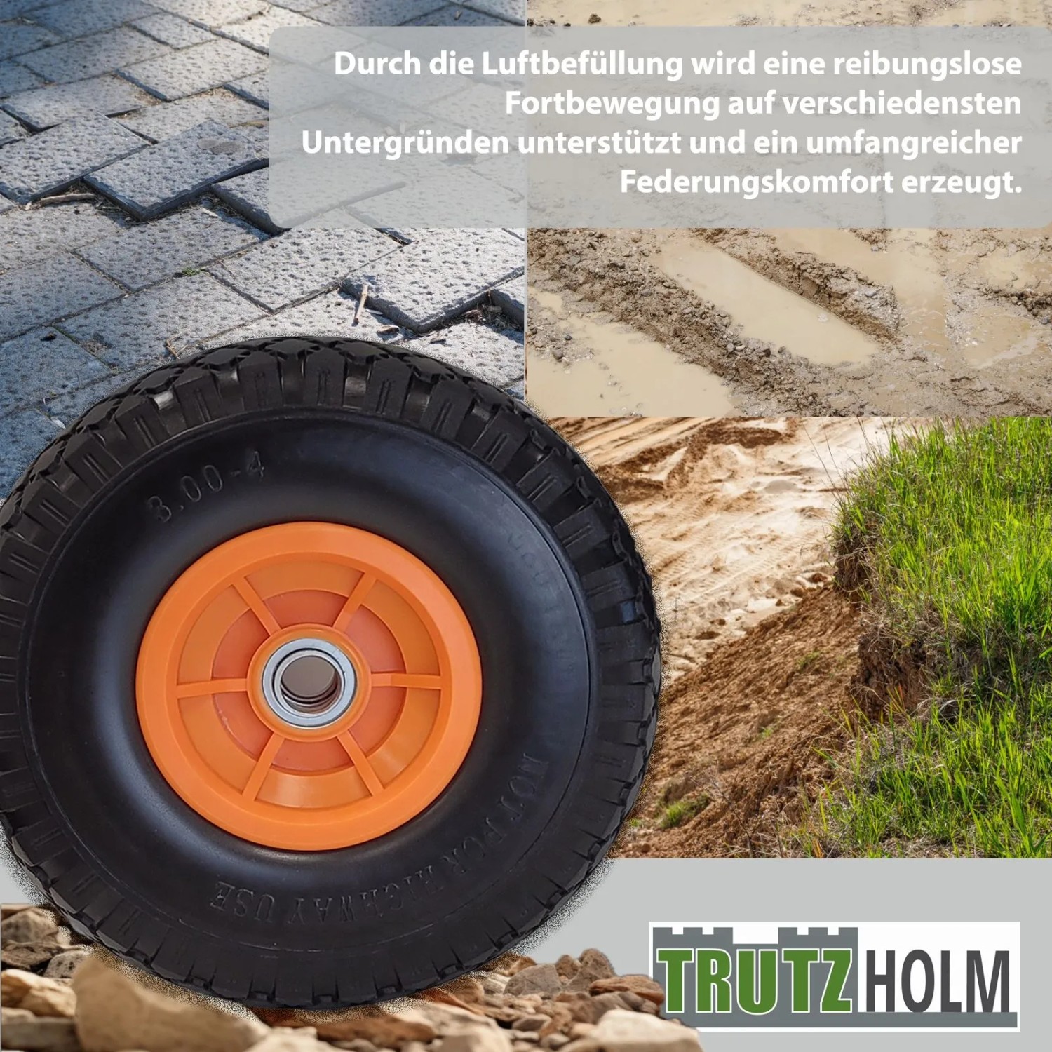 TRUTZHOLM Sackkarrenrad, Luftrad 260x85 mm mit orangefarbener Felge für Baumaschinen.
