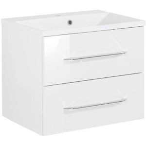 Fackelmann Waschtisch B.clever, 60 cm, Weiß Hochglanz mit 2 Schubladen und chromfarbenen Griffen.