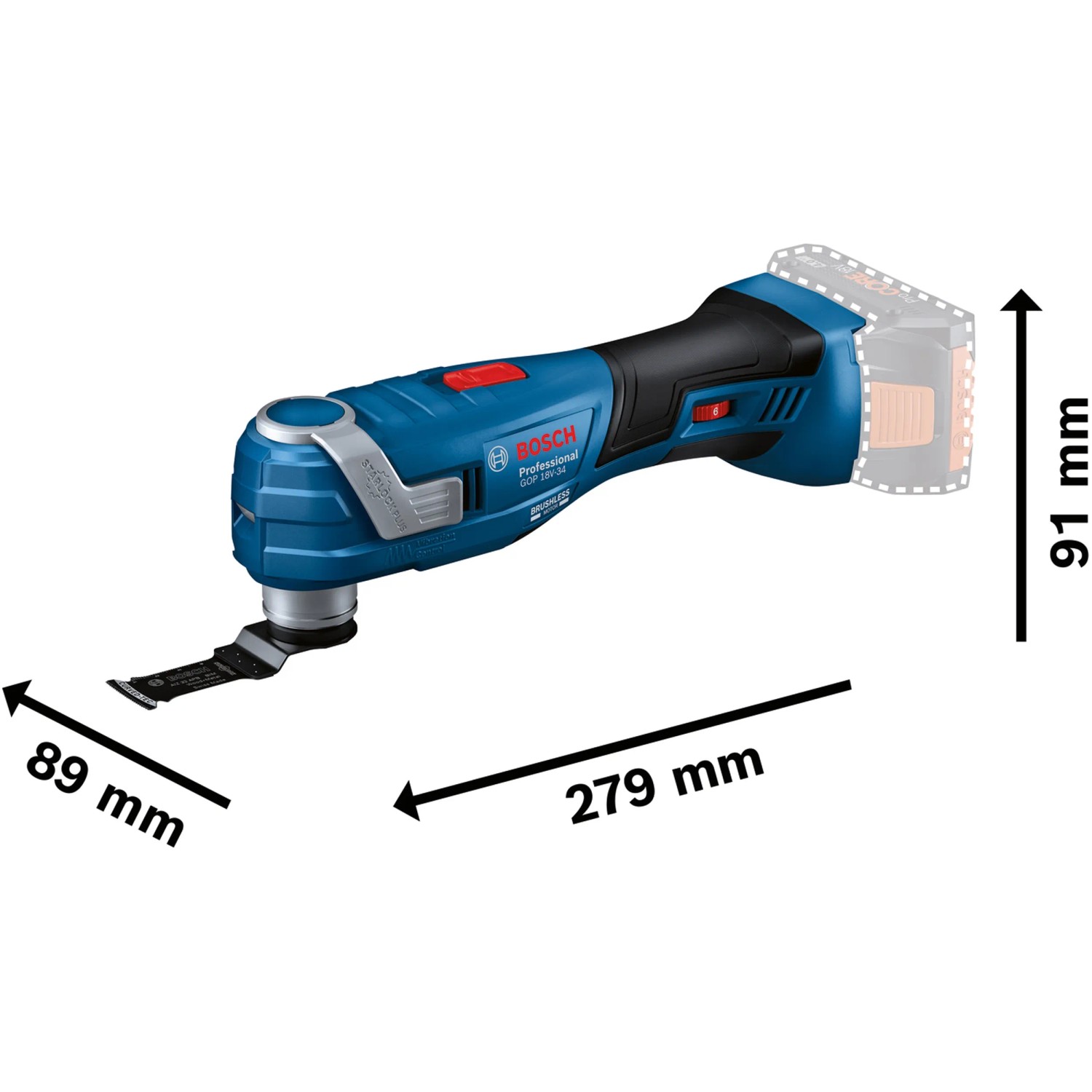 Bosch Professional GOP 18V-34 Multi-Cutter in Blau mit Tauchsägeblatt und Maßangaben.