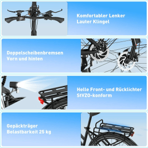 HITWAY E-Bike mit komfortablem Lenker, LCD, Doppel-Scheibenbremsen, StVZO-Beleuchtung und Gepäckträger.