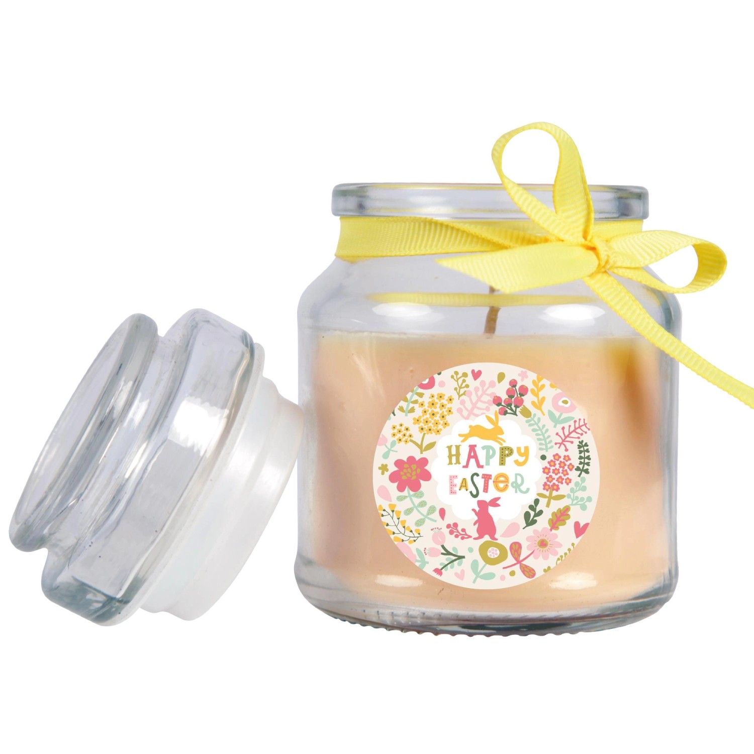 Cremefarbene Duftkerze im Glas mit Ostermotiv und gelbem Band, 30h Brenndauer.